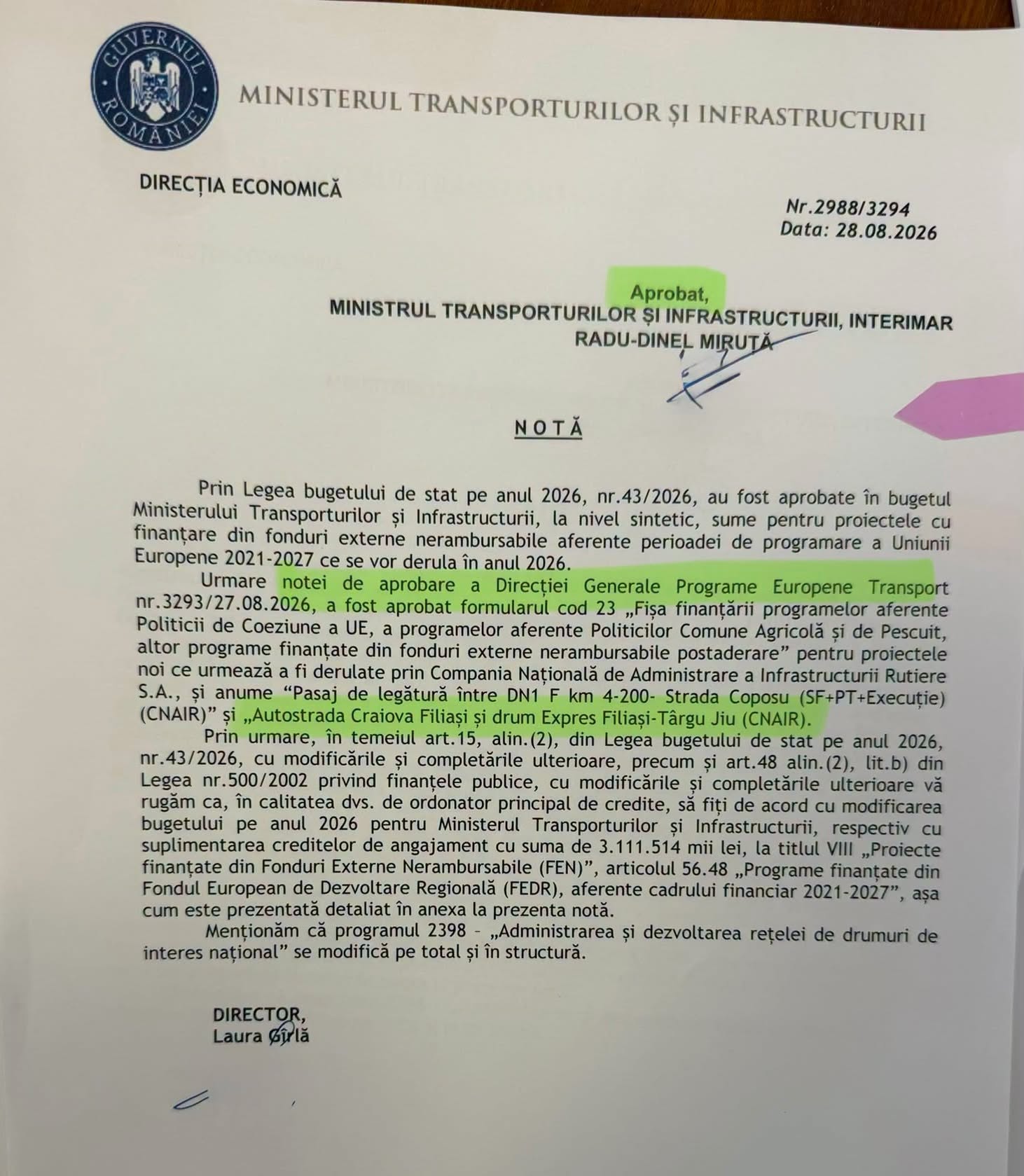 Radu Miruță prezintă documente care arată aprobarea finanțării pentru Lotul 6 al Drumului Expres Filiași–Târgu Jiu