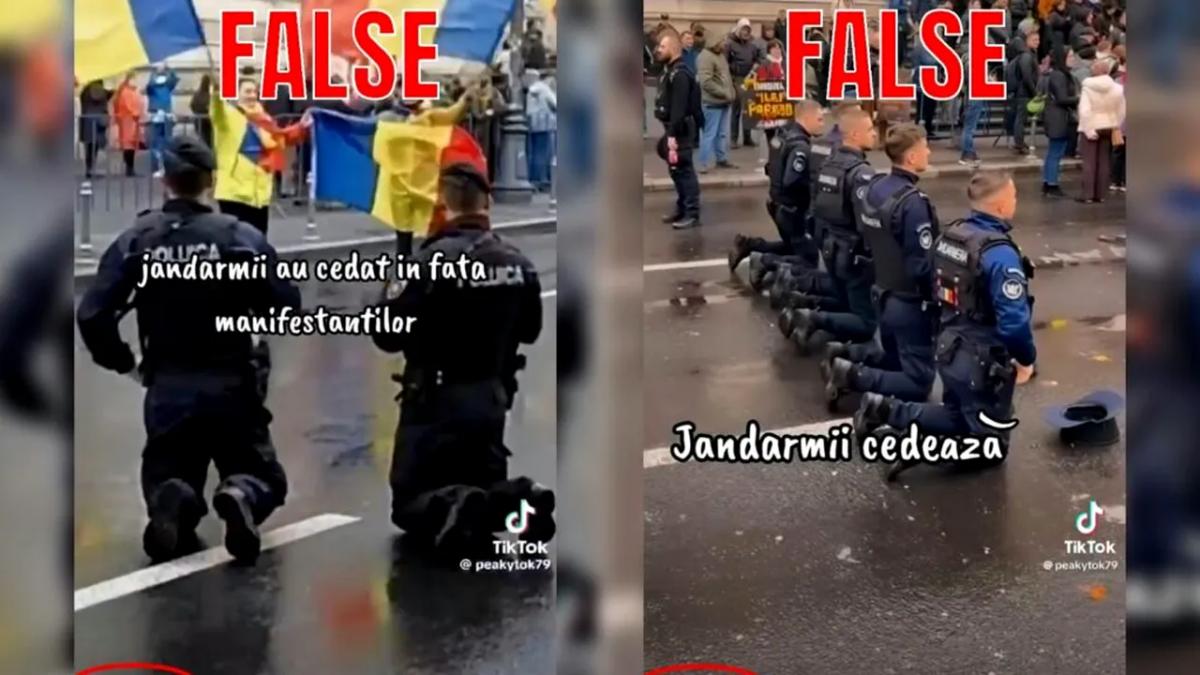 Jandarmeria Română demontează imagini false cu cadre militare în genunchi la protestul susținătorilor lui Călin Georgescu